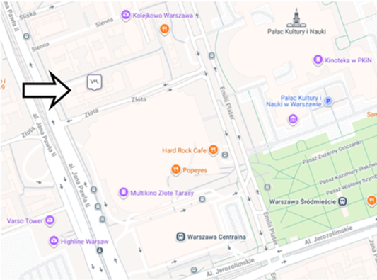 Zrzut ekranu z Google Maps z centrum Warszawy